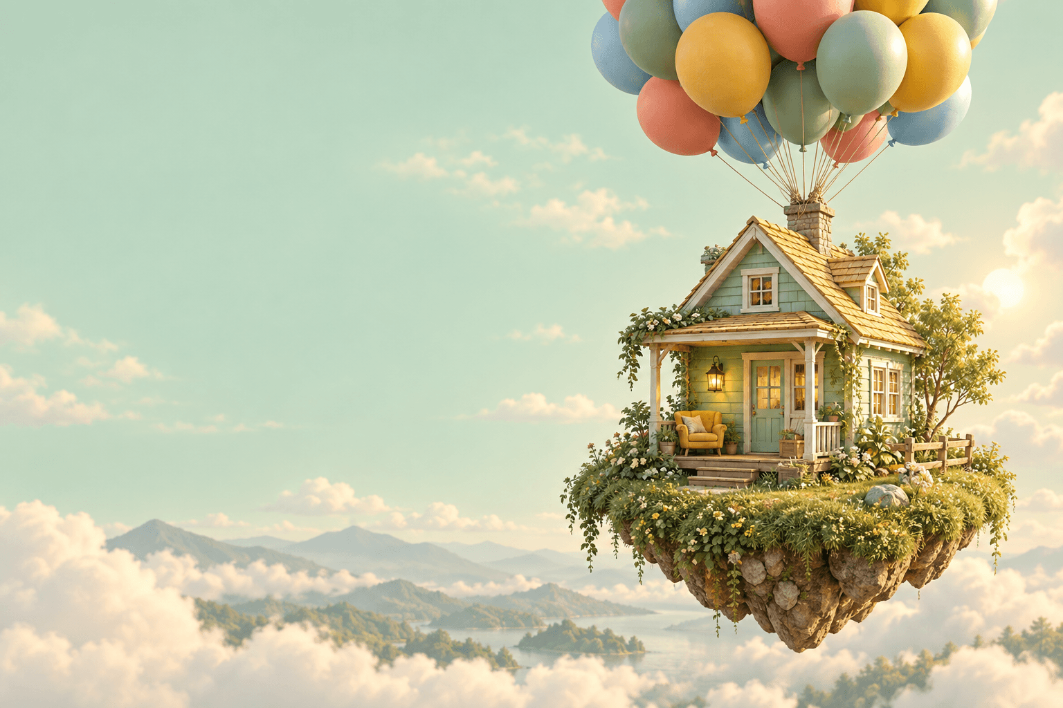An original miniature cottage floating above the mountains beneath colorful balloons